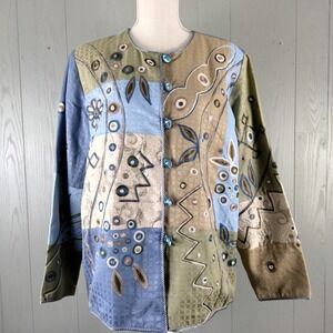 Indigo Moon Jacket Womens M Patchwork BOHO CHIC Artsy‎ Hippie Embroidery Blue